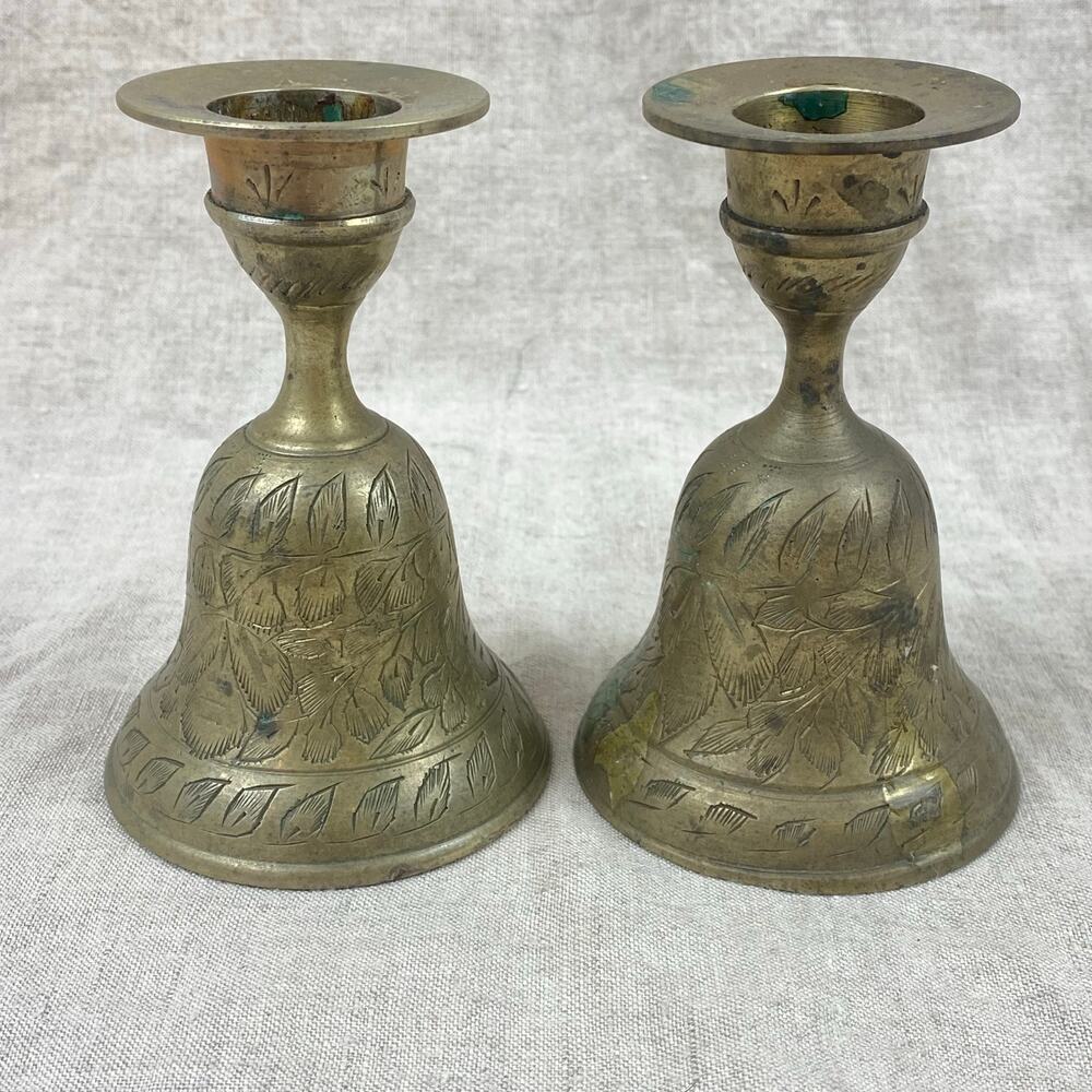 Sarna Vintage Pair Brass Bell Candle Holders Etched Flowers Leaves India